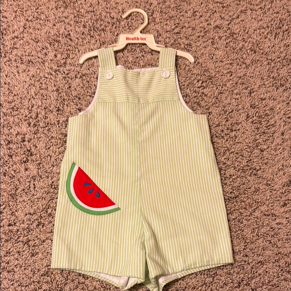 Striped Green Overalls with Watermelon Patch